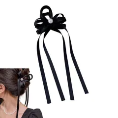 ロングリボン バレッタ ヘアクリップ バンスクリップ サテンリボン 滑り止めコーム付 髪留め レディース 大人可愛い 大容量ホールド フォーマル・パーティー・卒業式・浴衣対応 (黒パール) [黒パール]のサムネイル