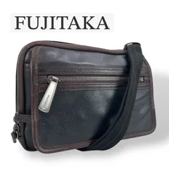 【美品】フジタカ FUJITAKA レザー ショルダーバッグ 黒 茶 バイカラー ミニショルダー サコッシュ クラッチバッグ 2WAY 本革 斜めがけ メンズ レディース コンパクト 軽量 カジュアル ダブルファスナー ブランドロゴ シルバー金具 スクエア型のサムネイル