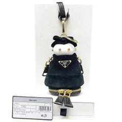 【中古】 PRADA プラダ Soft robot キーチェーン バッグチャーム ITI211 トライアングルロゴ ベロア リボン ミニポーチ ストラップ付 白 黒 ゴールド 26015542 MKのサムネイル