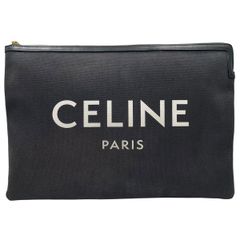 CELINE セリーヌ コットン クラッチ バッグ ロゴ プリント レザー 黒 