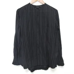 美品 pas de calais パドカレ ストライプ柄 リネンブレンド カットオフ ノーカラーシャツ ブラウス サイズ36 ブラック グレー レディース 古着 中古 USEDのサムネイル