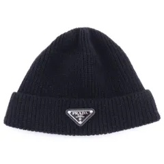 PRADA (プラダ) トライアングルロゴプレート カシミヤ混 ウール ニットキャップ 帽子 ビーニー ブラック 2HC42のサムネイル