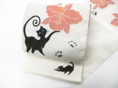 ふりふ 黒ネコとクレマチスの刺繍 半幅帯 - メルカリ