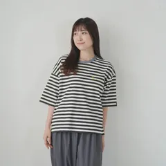 LAITERIE (レイトリー) | CD天竺ボーダー リンガー刺繍T (charcoal) size 38 | レディース Tシャツ ボーダーTシャツ リンガーT 刺繍T 半袖 カットソー フェードブルー ナチュラル 日本製のサムネイル