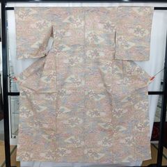 未着用品】単衣 小千谷紬 玉糸手引き真綿 ベージュ色 先練り糸くびり