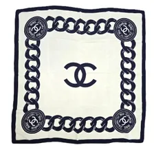 CHANEL シャネル ココマーク チェーン ロゴプリント 大判スカーフ  スカーフ レディース シルク ネイビー オフホワイト 中古のサムネイル