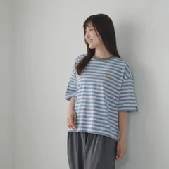 LAITERIE (レイトリー) | CD天竺ボーダー リンガー刺繍T (fade blue) size 38 | レディース Tシャツ ボーダーTシャツ リンガーT 刺繍T 半袖 カットソー フェードブルー ナチュラル 日本製のサムネイル