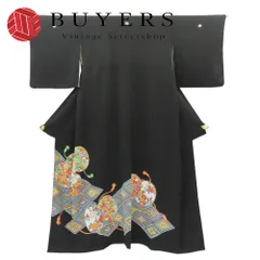 【中古】 留袖 正絹 着丈約157cm 裄丈約65cm 黒 マルチカラー 手描き 落款あり 五つ紋 和装 呉服 和服 きもの レディース 女性のサムネイル