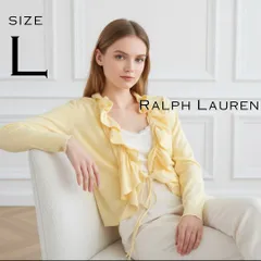 【00sアーカイブ】Ralph Laurenラルフローレン Y2K コットン製 フロントフリル ニットカーディガン L クリーム レモンイエロー 【古着】【中古】【送料無料】のサムネイル