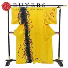 【中古】 訪問着・付下 化学繊維 着丈約160.5cm 裄丈約64cm イエロー ブラック レッド ホワイト 踊り ばち襟 桜 和装 呉服 和服 きもの レディース 女性のサムネイル