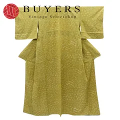【中古】 小紋 単衣 正絹 着丈約152cm 裄丈約62cm からし色系 ベージュ アイボリー 抽象模様 お洒落 植物モチーフ 和装 呉服 和服 きもの レディース 女性のサムネイル