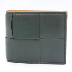 ボッテガヴェネタ BOTTEGA VENETA ダークグリーン系×オレンジ カーフレザー マキシイントレチャートカセット 二つ折り財布 男女兼用【yy】【中古】4000014801701349