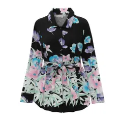 18f15 LEONARD レオナール ロングスリーブシャツ  チュニック丈 花柄プリント ウエストリボン 0598507 40サイズ ブラック コットン100％ レディース 女性用u02tのサムネイル