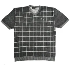 Sean John ショーンジョン Vネック ハイゲージニットセーター チェック ブラック(メンズ 1X)中古 古着 Y3291のサムネイル