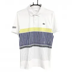 ラコステスポーツ 半袖ポロシャツ 白×ネイビー×イエロー系 前柄 胸ロゴ メンズ US-M ゴルフウェア LACOSTE SPORT