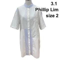 □ 3.1 フィリップリム Phillip Lim チュニックブラウス  バンドカラー 半袖 ロングシャツ トップス 白水色 綿 2 L 11号 レディース Z6C891のサムネイル