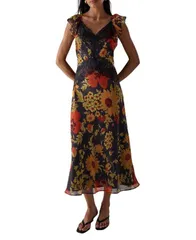 ウエアハウス レディース トップス ワンピース ミディ レース Warehouse Lace Insert Frill Sleeve Midi Dress Floralのサムネイル