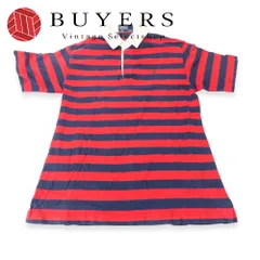 【中古】 ポロバイラルフローレン ポロシャツ 160 綿 裄丈約44cm レッド ネイビー 半袖 ラガーシャツ 90年代 Polo by Ralph Lauren