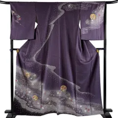 訪問着 身丈163cm 裄丈67cm M 袷 雪輪 草花 金銀彩 ぼかし 紫 正絹 秀品 【中古】のサムネイル
