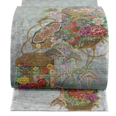 【美品】 袋帯 秀品 落款 貝桶 草花 金彩 箔 銀色 お太鼓柄 正絹 【中古】のサムネイル