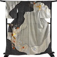 訪問着 身丈162cm 裄丈67cm M 袷 束ね熨斗 菊 金銀糸 絞り 黒 正絹 秀品 【中古】のサムネイル