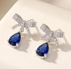 18K RGP プラチナ ダイヤ CZ リボン ブルー 雫 ピアス yp4908