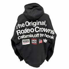 【中古】[印象AB] RODEO CROWNS ロデオクラウンズ プルオーバーパーカー スウェット フーディー 裏毛 裏パイル レディース FREE ブラック 黒×白×赤×紺 コットン×ポリエステル プリント 長袖 中国製 古着 前ポケットにロゴパッチのサムネイル