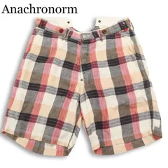 Anachronorm アナクロノーム 春夏★ 麻 リネン チェック柄 シンチバック ショート パンツ 日本製 Sz.30 メンズのサムネイル