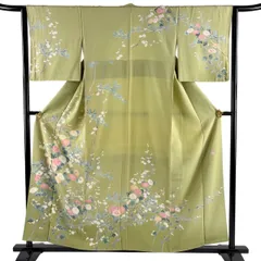 訪問着 身丈157cm 裄丈63cm S 袷 落款 菊 松梅 抹茶色 正絹 秀品 【中古】のサムネイル
