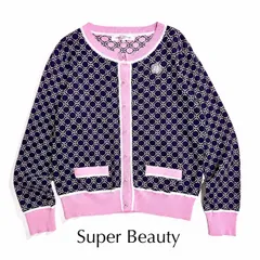kT53 Super Beauty クルーネック ニット カーディガン ビジュー ブローチ 総柄 モノグラム 長袖 ピンク 40 スーパービューティーのサムネイル