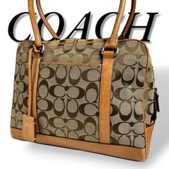 美品 コーチ シグネチャー トートバッグ チャーム ブラウン 5089 美品】COACH トートバッグ キャンバス レザー シグネチャー チャーム