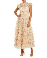 맥 다갈 여성 탑스 원피스 프린트 프릴 메쉬 미디 Mac Duggal Printed Meshort Sleeve Micro Ruffle Midi Dress