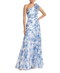 맥 다갈 여성 탑스 원피스 쉬폰 프린트 개더 프릴 Mac Duggal Printed Chiffone Shoulderuched Ruffle Gown Blu
