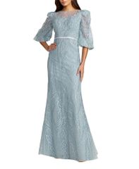 맥 다갈 여성 탑스 원피스 자수 Mac Duggal Embroidered Beaded Boat Neck Gown with Illusion Puff Sleeves I