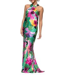 이스케이프 레이디스 탑스 원피스 플라워 무늬 프린트 새틴 플라워 홀터 Xscape Halter Long Floral Print Satin Tie Neck Dress