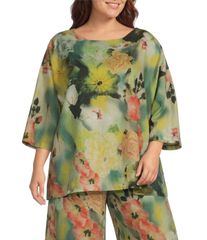 브라인 워커 레이디스 탑스 셔츠 플러스 사이즈 프린트 Bryn Walker Plusize Giardino Print Round Neck 34 Sleeve Oversi