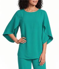 캐롤라인 로즈 레이디스 탑스 셔츠 크레페 Caroline Rose Matte Crepe Scoop Neck 34 Petal Sleeve Top Jade