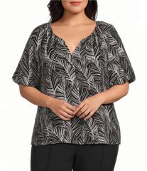 インベストメンツ レディース トップス シャツ プラスサイズ プリント ブラウス Investments Plusize Palm Stencil Print 34 Bubble Sleeve Spl