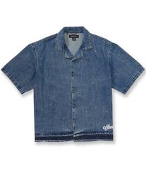 아쿠 맨즈 탑스 셔츠 크롭드 데님 AKOO Denim Pattern Short Sleeve Cropped Relaxed Camp Collar Woven Shirt B