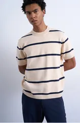 トップマン メンズ アウター パーカー・スウェット セーター Topman Classic Fit Stripe Short Sleeve Sweater Cream クリームのサムネイル
