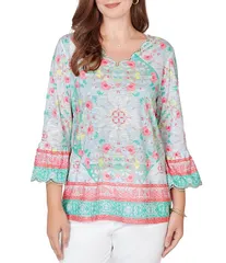 ルビーアールディー レディース トップス シャツ Vネック プチ プリント Ruby Rd Petite Size Tapestry Print Scalloped VNeck 34 Sleeve Tのサムネイル
