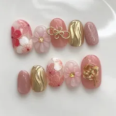オーダー　和柄ネイルチップ　振袖　成人式　前撮り　桜　コーラルピンク　ミラーアート　ぷっくりフラワー