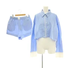 ザラ ZARA ストライプシャツ×ショートパンツ セットアップ ブラウス クロップド M 水色 ライトブルー 白 ホワイト /CX ■OS ■SH