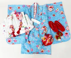 七五三 三歳 女児 被布 着物 フルセット 白色×水色 ポリエステル 3歳 3才 三才 女の子 祝着 お仕立て無料 NO43713のサムネイル