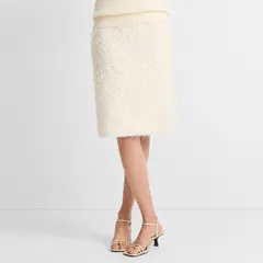 新品☆VINCE. ビンス ヴィンス☆Feathery-Fringe Knee Skirt フェザーフリンジ膝丈ミディスカート オフホワイト 2 ウエストゴム イージーのサムネイル