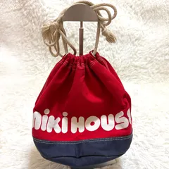 【希少・レア】 シミあり ミキハウス MIKIHOUSE 巾着バッグ 巾着袋 赤 ネイビー ロゴ 大容量 マチ付き 旧デザイン 日本製のサムネイル