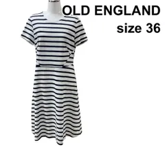 □ オールドイングランド OLD ENGLAND フレアワンピース  半袖 ミモレ丈 ボーダー柄 ネイビー 白 コットン 36 S 7号 レディース Z6C301のサムネイル