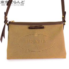 美品 プラダ キャンバス ショルダーバッグ ジャガード 三角プレート 