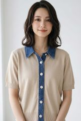 柏木由紀さん着用⭐︎レース装飾デニムドッキングニットシャツ - メルカリ