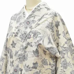 リサイクル 紬 身丈151.5cm 裄64cm 良品 正絹 草花文様 単衣 S 白系 流水のサムネイル